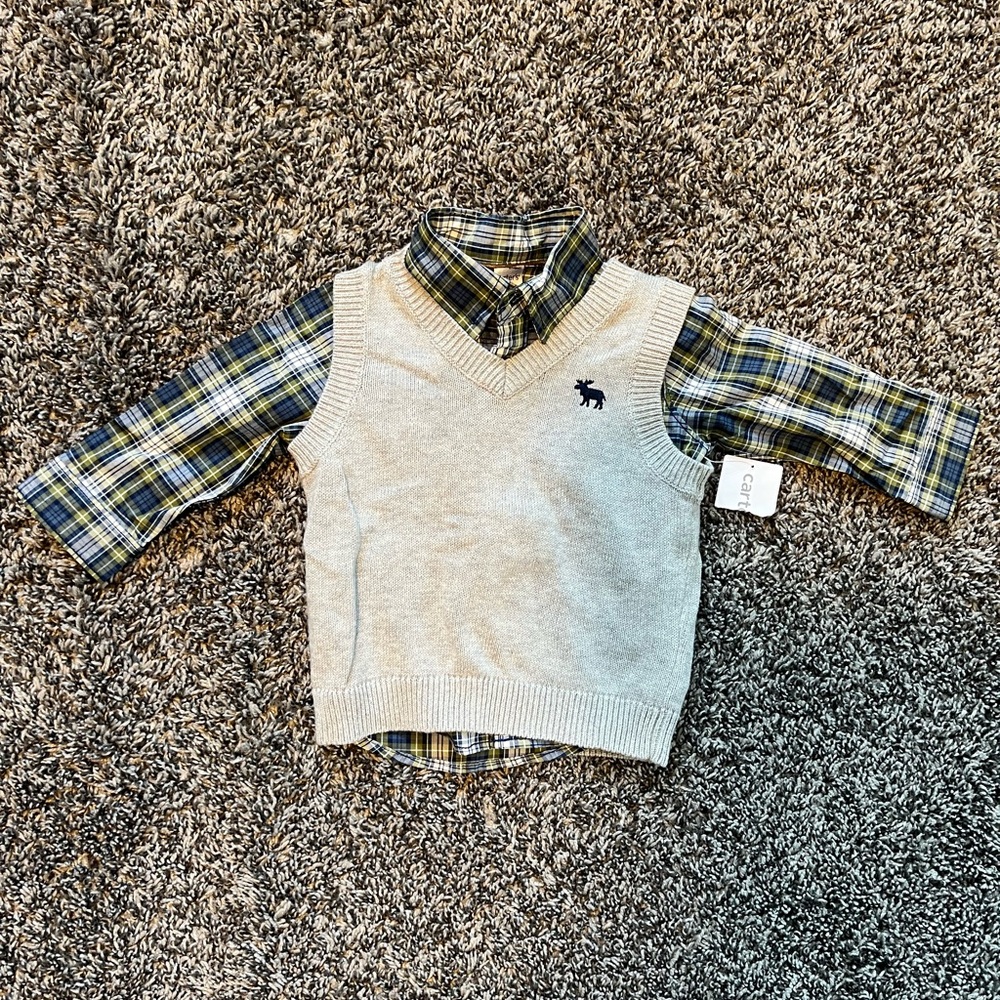 NWT 6mo Baby Plaid Long Sleeve Shirt with Gray Sweater Vest